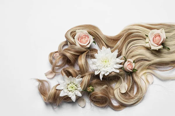 Lock Healthy Blond Hair Flowers White Background Top View — 스톡 사진