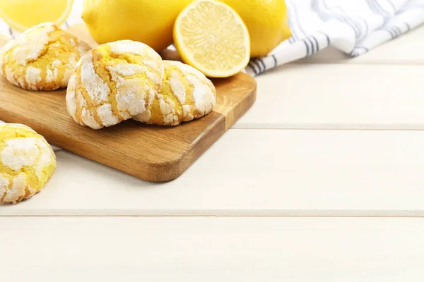 Tasty Homemade Lemon Cookies Fresh Fruits White Wooden Table Space — Stock Photo, Image