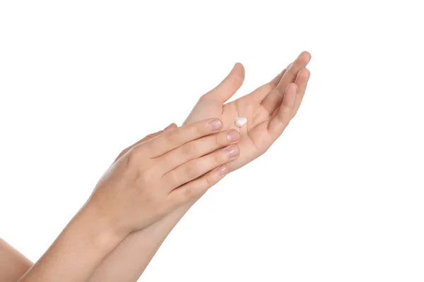 Woman Applying Cream Hand White Background Closeup — Stock fotografie