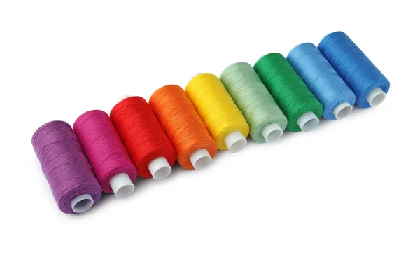 Set Different Colorful Sewing Threads White Background — Stock Photo, Image