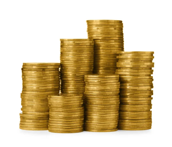 Många Gyllene Mynt Staplade Vit Bakgrund — Stockfoto