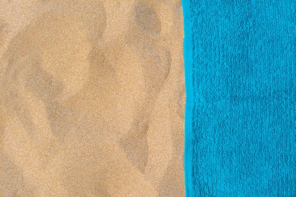 Soft Blue Beach Towel Sand Top View Space Text — Stock Photo, Image