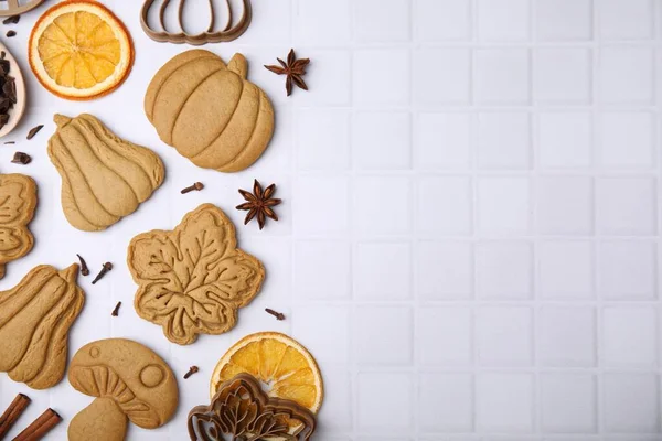 Flat Lay Composition Tasty Cookies Spices Cutters White Table Space — Stock Photo, Image