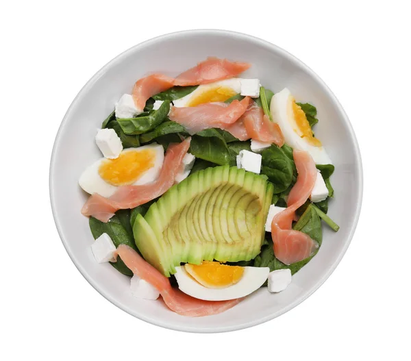 Delicious salad with boiled egg, salmon and avocado in bowl isolated on white, top view