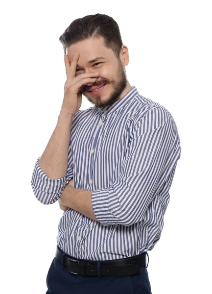 Beschaamd Man Bedekking Gezicht Met Hand Witte Achtergrond — Stockfoto