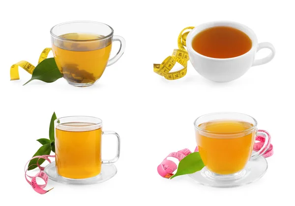 Zestaw Filiżanek Herbaty Ziołowej Utrata Wagi Białym Tle — Zdjęcie stockowe