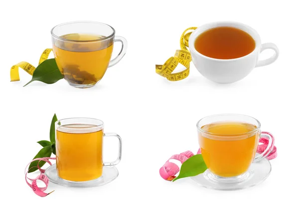 Set Mit Tassen Mit Kräutertee Zur Gewichtsabnahme Auf Weißem Hintergrund — Stockfoto