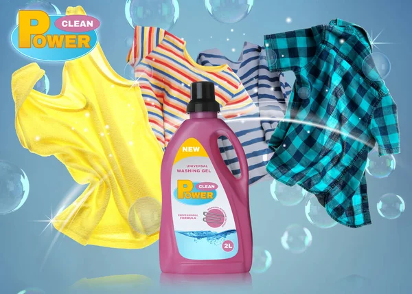 Liquid laundry detergent advertisement design. Bottle of washing product and clean clothes