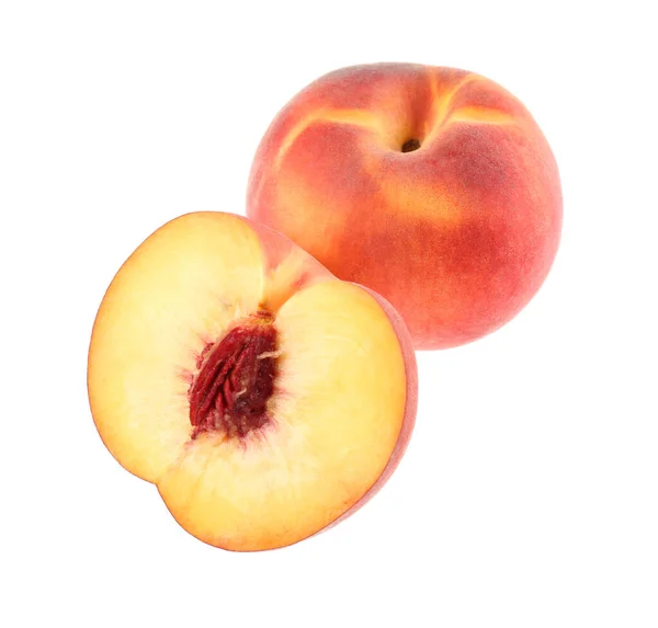 Whole Cut Ripe Peaches Isolated White — Stock Photo, Image