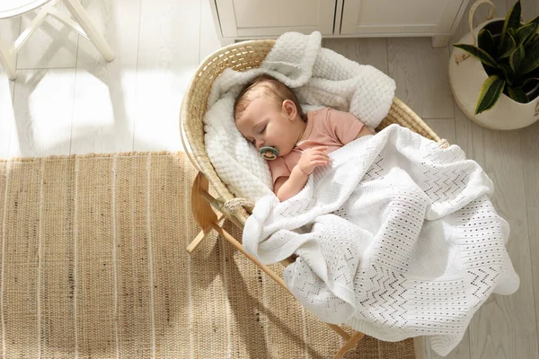 Cute Little Baby Pacifier Sleeping Wicker Crib Home Top View — ストック写真