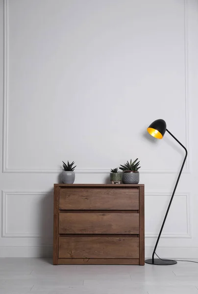 白い壁の近くの引き出しやランプの木製の胸に美しい植物 インテリアデザイン — ストック写真