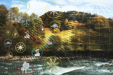 Sürdürülebilir kalkınma hedefleri ve dağın yakınında akan güzel nehir manzarasının dijital simgeleri