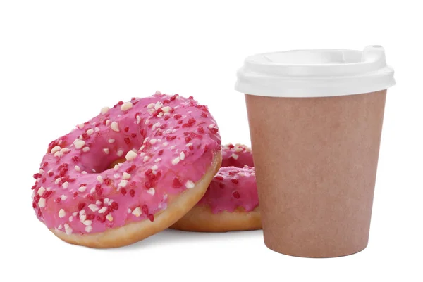 Dois Deliciosos Donuts Com Polvilhas Bebida Quente Isolada Branco — Fotografia de Stock