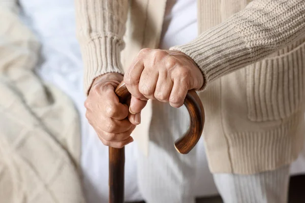 Elderly Woman Walking Cane Indoors Closeup Home Care Service — Stockfoto