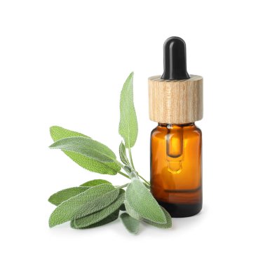 Beyaz üzerine izole edilmiş bir şişe gerekli yağ ve adaçayı.