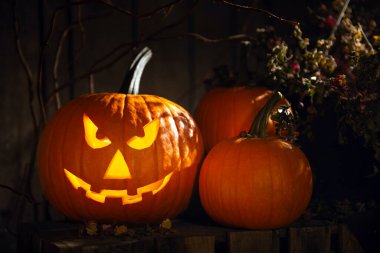 Karanlıktaki ahşap bankta duran korkunç balkabağı Jack O 'Lantern. Cadılar Bayramı Dekorasyonu