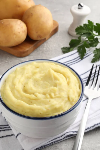 Bowl Tasty Mashed Potatoes Served Grey Table — Foto de Stock