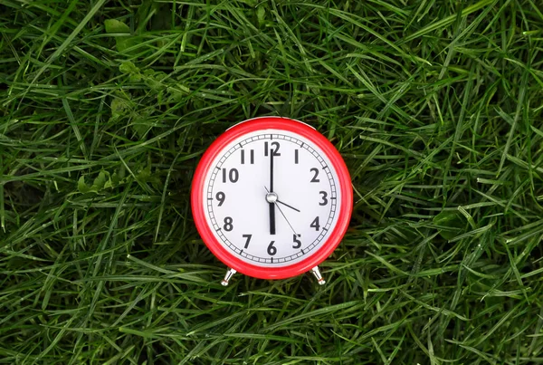 Relógio Alarme Vermelho Grama Verde Livre Vista Superior — Fotografia de Stock