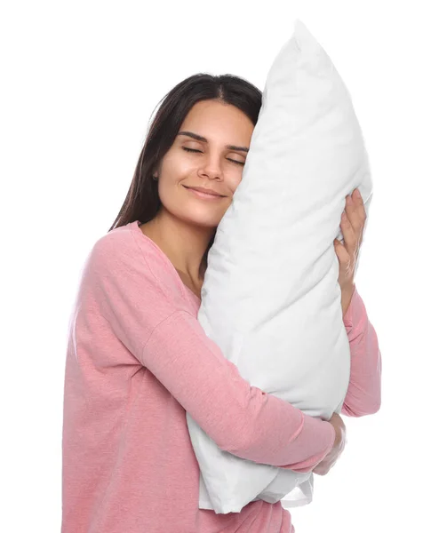 Schläfrige Junge Frau Mit Weichem Kissen Auf Weißem Hintergrund — Stockfoto
