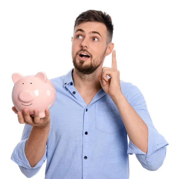 Emotional Young Man Piggy Bank White Background — Stock Photo, Image