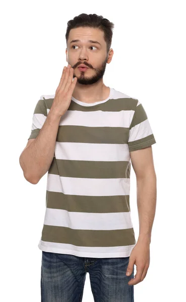 Embarrassed Man Covering Mouth Hand White Background — Stock Photo, Image