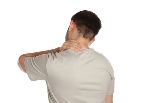 Man Suffering Neck Pain White Background Back View — ストック写真