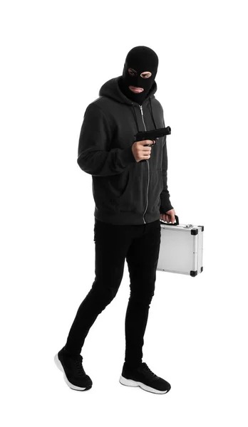 Man Wearing Black Balaclava Metal Briefcase Gun White Background — Stock Photo, Image