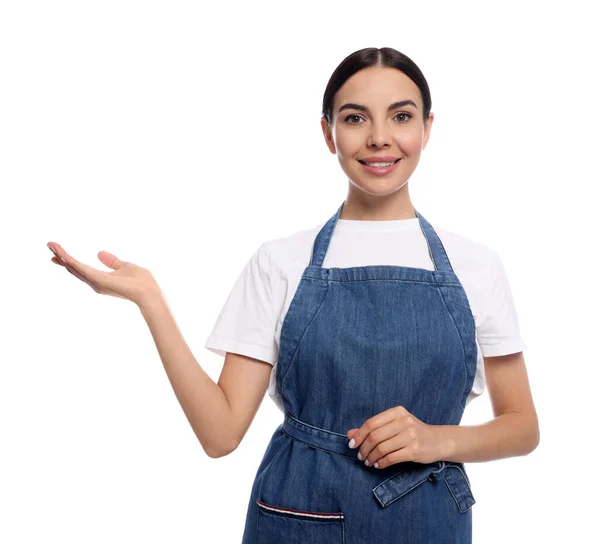 Jovem Mulher Azul Jeans Avental Fundo Branco — Fotografia de Stock