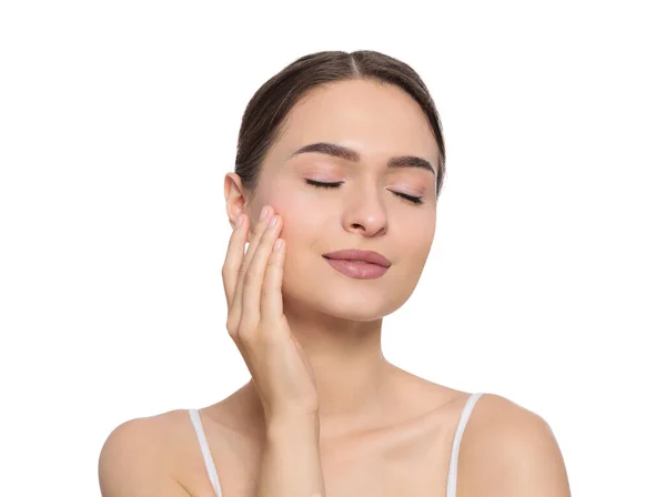 Young Woman Applying Cream Eye White Background — Stok fotoğraf