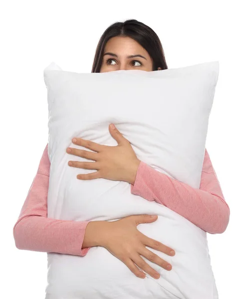 Young Woman Covering Face Pillow White Background — Stock Photo, Image