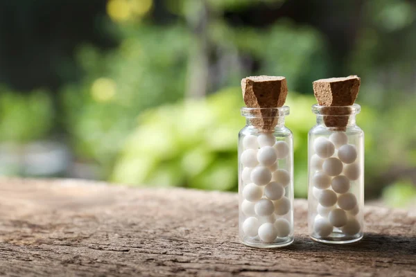Flessen Homeopathische Remedie Houten Tafel Ruimte Voor Tekst — Stockfoto