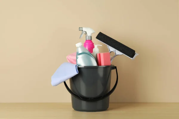 Bucket Different Cleaning Supplies Wooden Floor Beige Wall — Stock Photo, Image