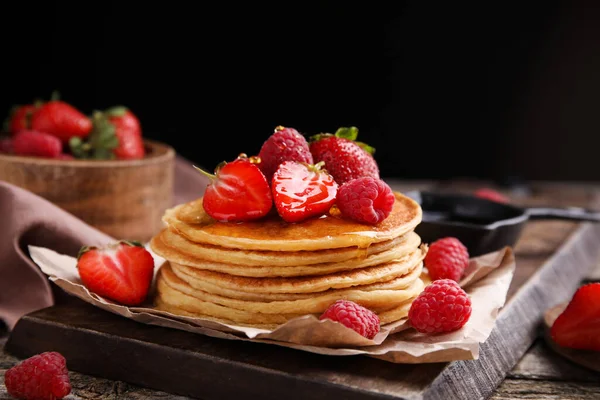 Tasty Pancakes Fresh Berries Honey Wooden Board Closeup — Stockfoto
