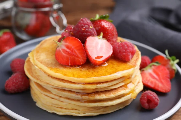 Tasty Pancakes Fresh Berries Honey Plate Closeup — Photo