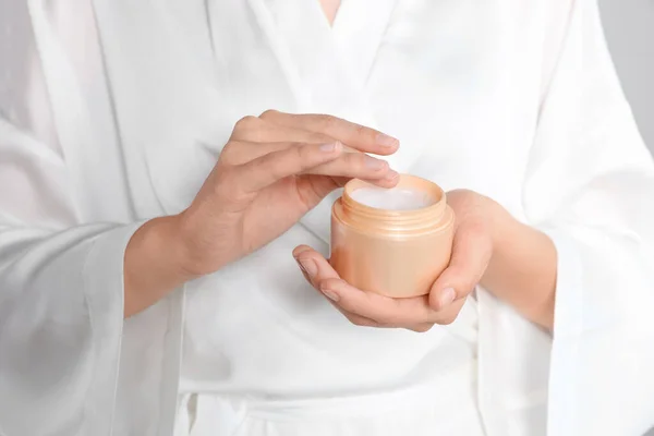 Woman Taking Hand Cream Jar Closeup — 스톡 사진