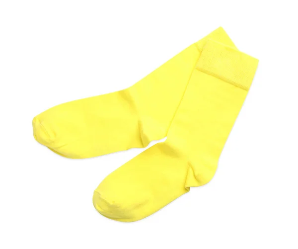 Ζεύγος Από Κίτρινες Κάλτσες Λευκό Φόντο Κορυφαία Άποψη — Φωτογραφία Αρχείου