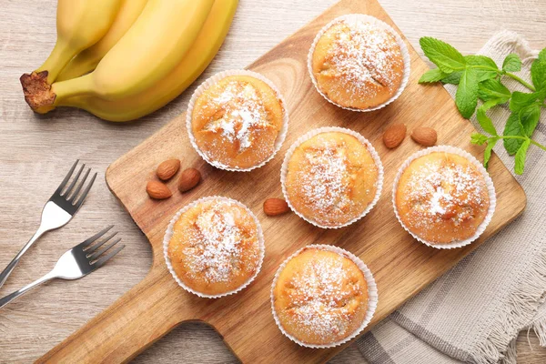 Flat Lay Composition Tasty Banana Muffins Wooden Table — Stock Photo, Image