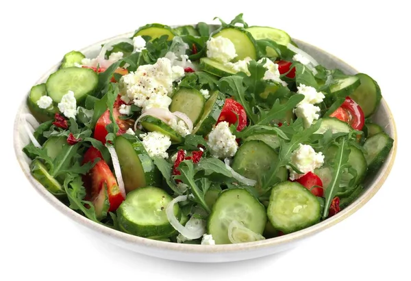 Assiette Délicieuse Salade Concombre Isolée Sur Blanc — Photo
