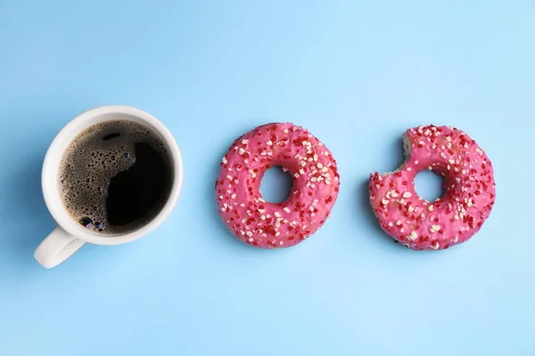 Tasty Donuts Cup Coffee Light Blue Background Flat Lay — Stock Photo, Image