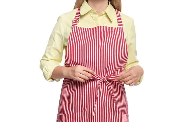 Woman Clean Striped Apron White Background Closeup — Stock Photo, Image