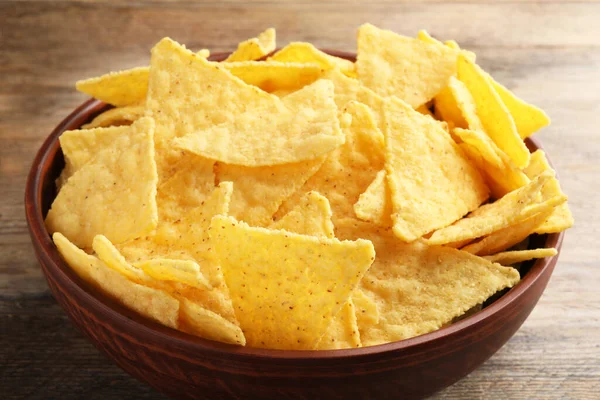 Bowl Tasty Tortilla Chips Nachos Wooden Table — Stock Photo, Image