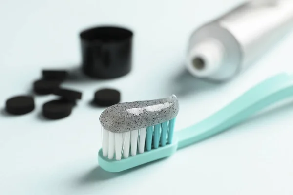 Brush Charcoal Toothpaste Light Background Closeup — Stock Photo, Image