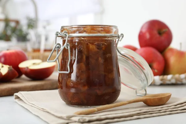 Delicious Apple Jam Jar Wooden Spoon Table — Stock Photo, Image