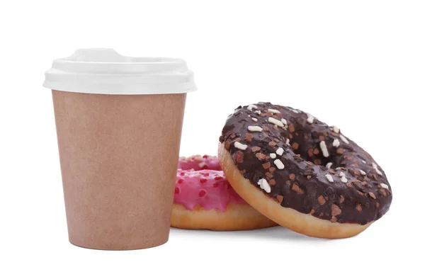 Dois Deliciosos Donuts Com Polvilhas Bebida Quente Isolada Branco — Fotografia de Stock