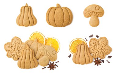 Beyaz arka planda farklı lezzetli kurabiyeler ve baharatlar ile set, üst görünüm