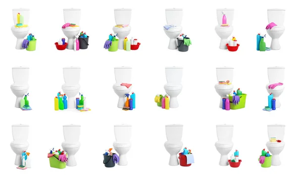 Conjunto Com Vasos Sanitários Suprimentos Limpeza Fundo Branco — Fotografia de Stock