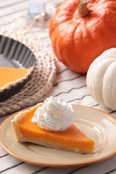 Piece Fresh Homemade Pumpkin Pie Whipped Cream Table — стоковое фото