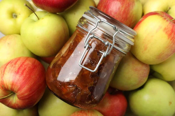 Delicious Apple Jam Jar Fresh Fruits Top View — Stock Photo, Image