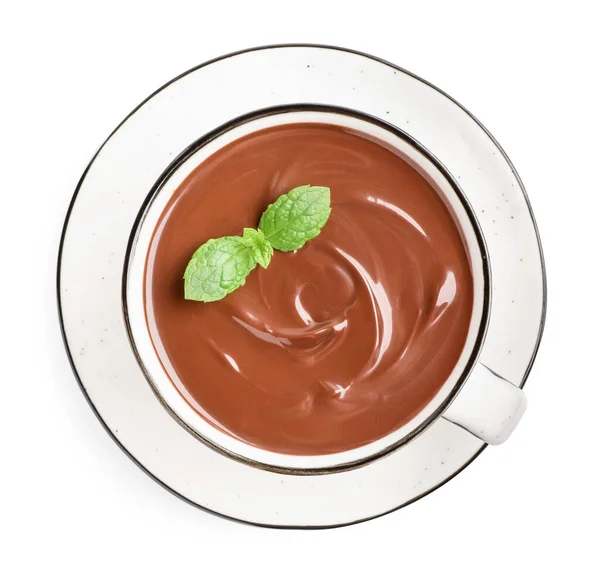 Copo Chocolate Quente Delicioso Com Hortelã Isolada Vista Branca Superior — Fotografia de Stock