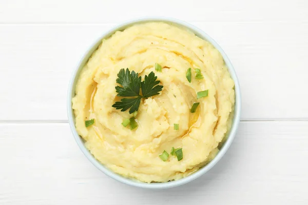 Bowl Tasty Mashed Potatoes Parsley Green Onion White Wooden Table — Stock Photo, Image